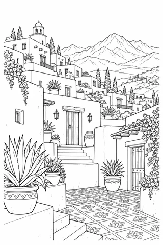 Flat-roofed adobe-style houses, wooden doors, potted agaves and courtyard tiles step up a hillside below mountains.