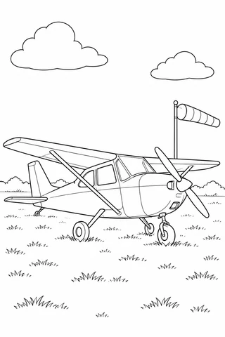 A small high-wing propeller airplane rests on a grass airfield beside a windsock and two clouds.