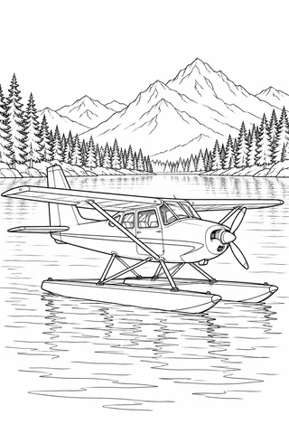 A twin-float seaplane rests on a calm lake beneath mountains and a fringe of pine trees.
