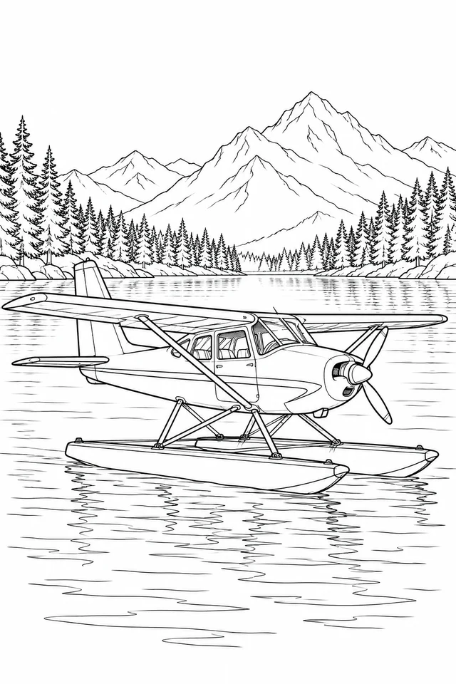 A twin-float seaplane rests on a calm lake beneath mountains and a fringe of pine trees.