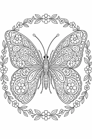A large butterfly with four patterned wings appears within a circular floral ring, with paisley and leaf shapes inside the wings.
