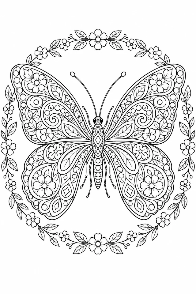 A large butterfly with four patterned wings appears within a circular floral ring, with paisley and leaf shapes inside the wings.