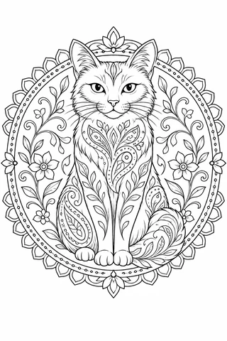 A seated adult cat with almond eyes has outlined leaf and paisley patterns on its body within a circular botanical frame.