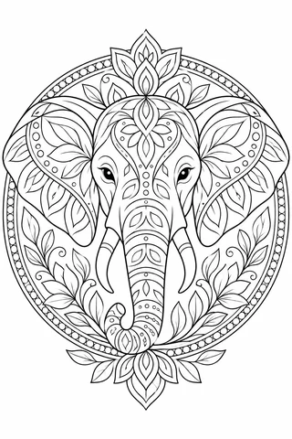 A front-facing elephant head with two ears, two tusks and one long trunk is decorated with outlined petals and leaves in a circular frame.