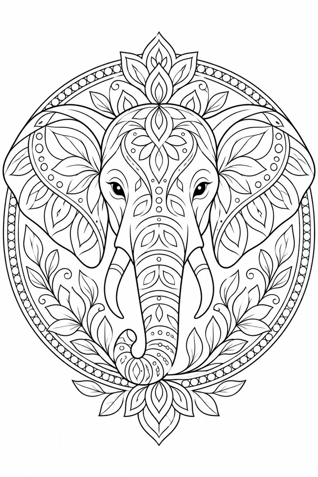 A front-facing elephant head with two ears, two tusks and one long trunk is decorated with outlined petals and leaves in a circular frame.