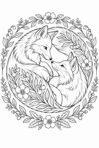 Two natural-looking fox heads and sweeping curled tails form a circle among leaves, flowers and acorns.