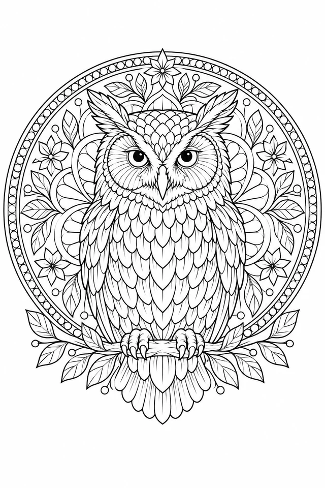 A front-facing owl with layered feather outlines sits within a circular medallion of feather fans, flowers and leaves.