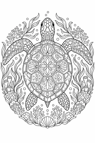 A top-view sea turtle with patterned shell cells, two front flippers and two hind flippers is surrounded by coral and seaweed.