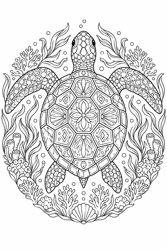 A top-view sea turtle with patterned shell cells, two front flippers and two hind flippers is surrounded by coral and seaweed.