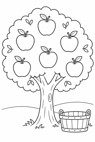 An apple tree with six large apples in its rounded canopy stands beside a wooden basket on gently curved ground.