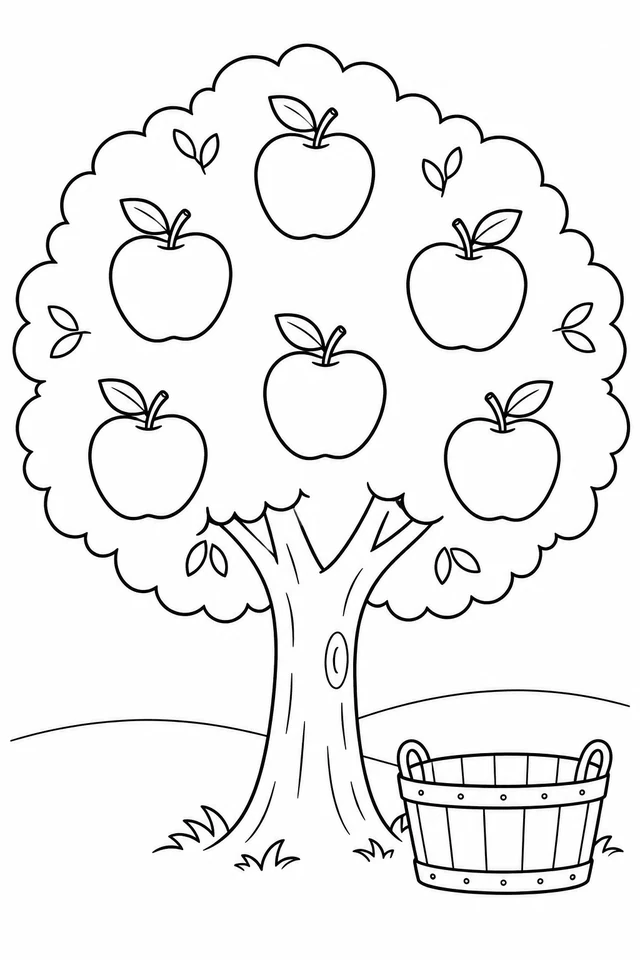 An apple tree with six large apples in its rounded canopy stands beside a wooden basket on gently curved ground.