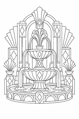 Black outline Art Deco-inspired fountain with tiered bowls, curved water streams, fans, stepped columns and diamond ornaments.