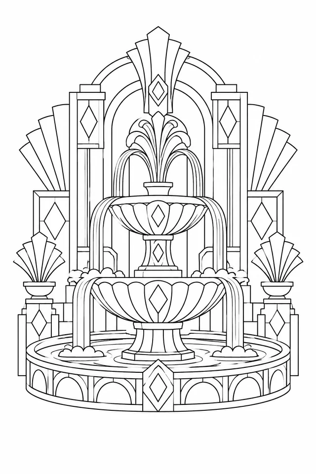 Black outline Art Deco-inspired fountain with tiered bowls, curved water streams, fans, stepped columns and diamond ornaments.