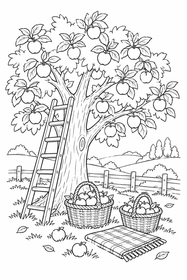Apple tree with a leaning ladder, two baskets of apples, checked blanket and fence.