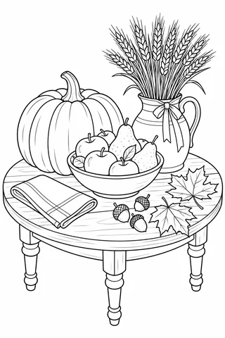Oval table holding a pumpkin, apples and pears, pitcher of wheat, acorns, leaves and a napkin.