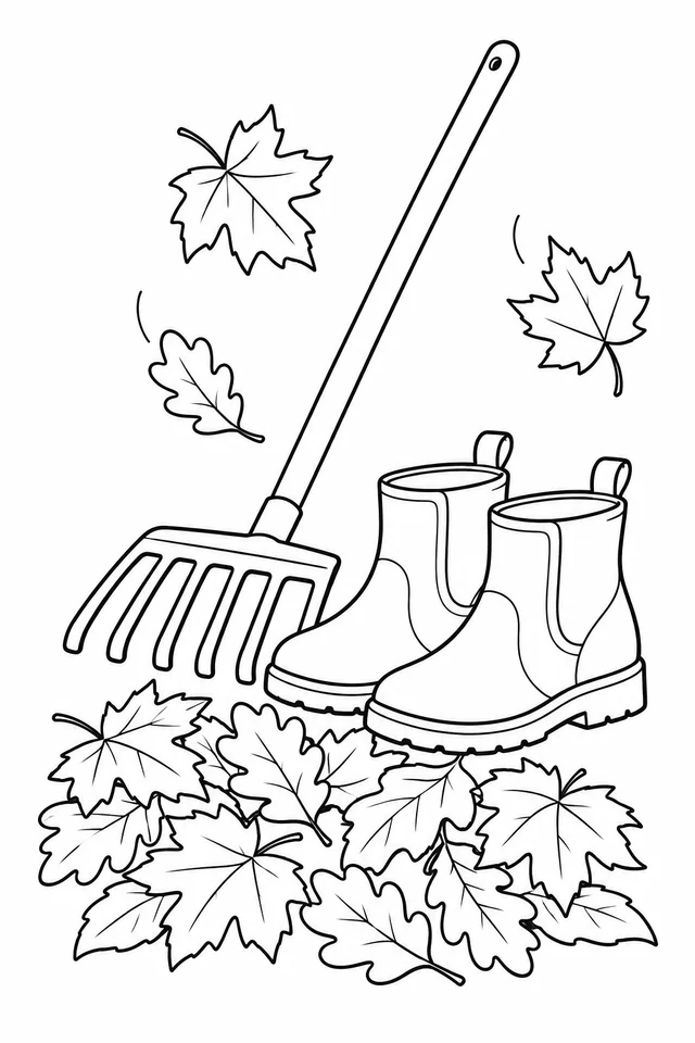 Ankle boots, a rake and overlapping maple- and oak-shaped leaves with three falling leaves above.