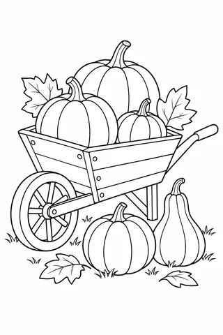Wooden wheelbarrow filled with three pumpkins, with pumpkin, gourd and leaves on the ground.