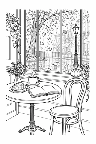 Cafe table with cup, croissant and open book beside a window overlooking rain, falling leaves and a street lamp.