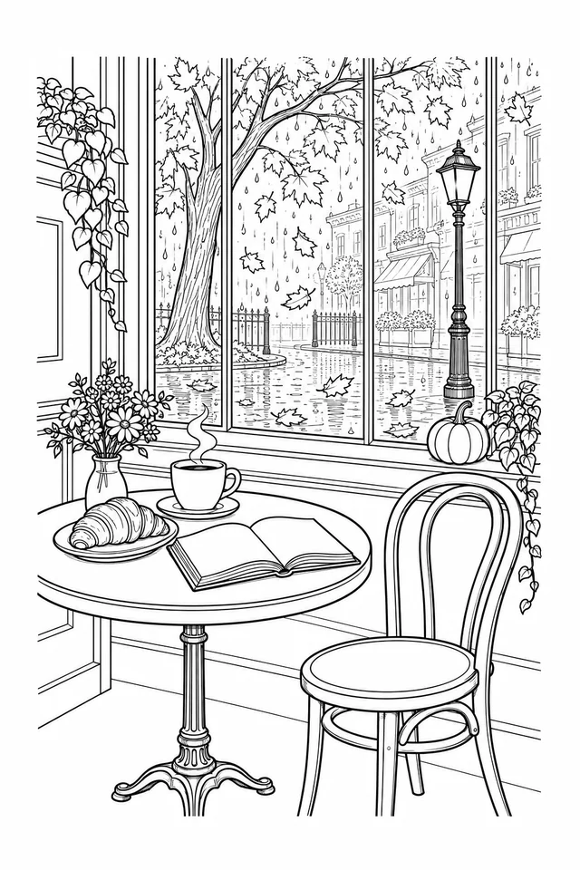Cafe table with cup, croissant and open book beside a window overlooking rain, falling leaves and a street lamp.