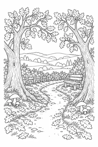 Woodland path between two oak trees with fallen leaves, mushrooms, a bench and distant hills.