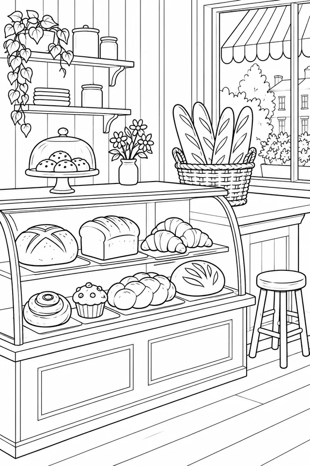 Line drawing of a bakery display filled with bread and pastries beside a stool and tall window.