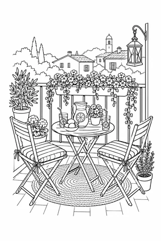 Two folding chairs and a lemonade table on a flower-filled balcony overlooking houses.