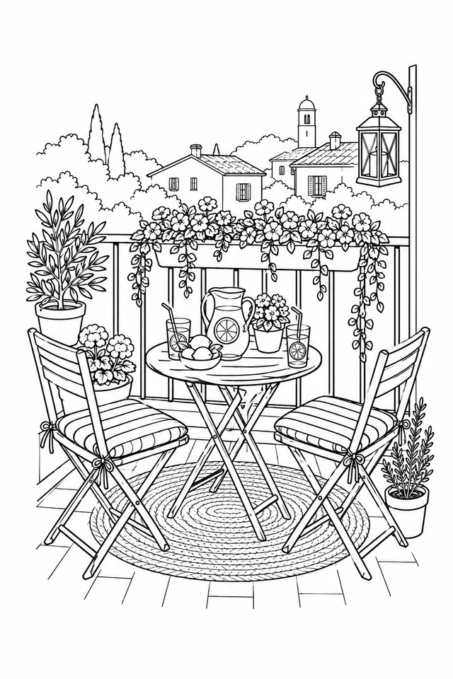 Two folding chairs and a lemonade table on a flower-filled balcony overlooking houses.