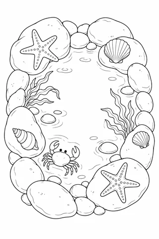 An oval rock pool is ringed by smooth stones, two starfish, three shells, seaweed and a small crab.