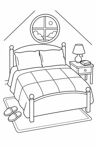 Attic bed with large quilt patches, two pillows, round window, bedside lamp and slippers.