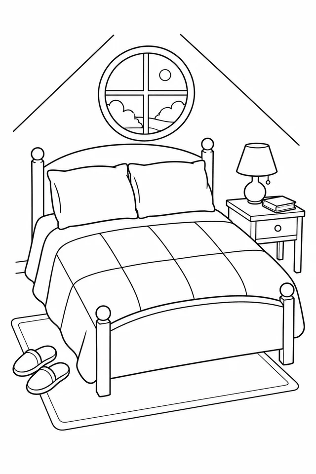 Attic bed with large quilt patches, two pillows, round window, bedside lamp and slippers.
