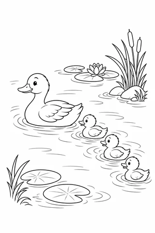 One large duck and three smaller ducklings swim in a curved line between lily pads, a water flower and a reed cluster.