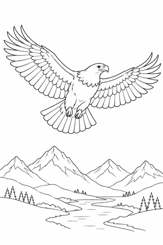 Eagle gliding with spread wings, a fan tail and two tucked feet above mountain peaks, a river and small pines.