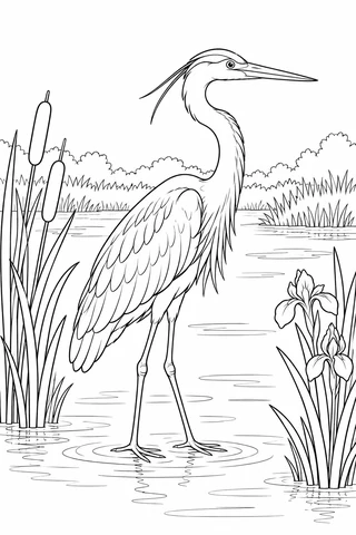 Side-view heron with a long curved neck, pointed bill, folded wing and two long legs standing in shallow water beside reeds and irises.