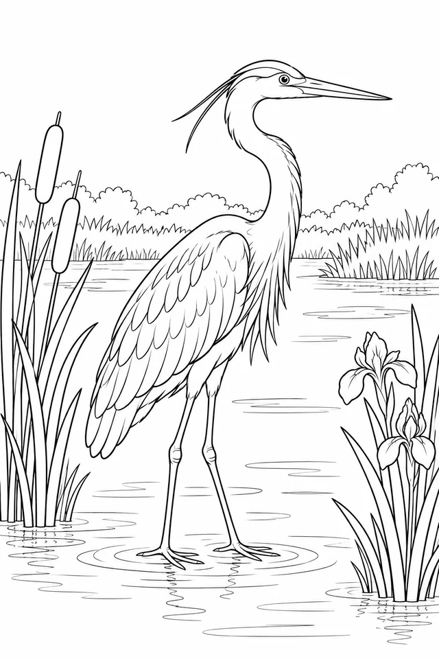 Side-view heron with a long curved neck, pointed bill, folded wing and two long legs standing in shallow water beside reeds and irises.