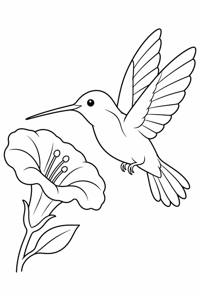 Side-view hummingbird hovering with two raised wings, a long slender bill and tiny tucked feet beside a large trumpet flower.