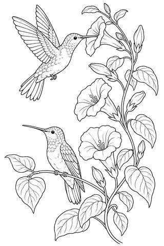 Two hummingbirds beside a flowering vine, one hovering at a trumpet bloom and one perched on a lower branch.