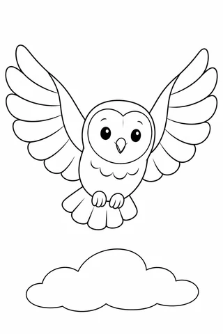 Front-facing owl in flight with two spread wings, a fan-shaped tail, two tucked feet and a cloud below.