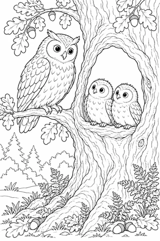 Adult owl perched beside two young owls standing in a white oak-tree hollow, with leaves, acorns and ferns around the trunk.