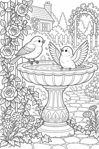 Two small birds at a decorative pedestal birdbath, one perched and one with wings raised, surrounded by roses, ivy and a cottage garden.