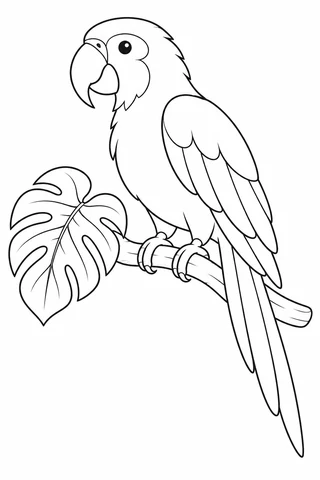 Side-view parrot with a curved beak, folded wing, two gripping feet and a long tail on a branch beside a tropical leaf.