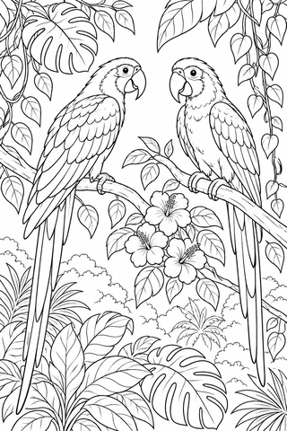 Two parrots perched on separate branches facing each other, with long tails, tropical leaves, vines and open flowers.