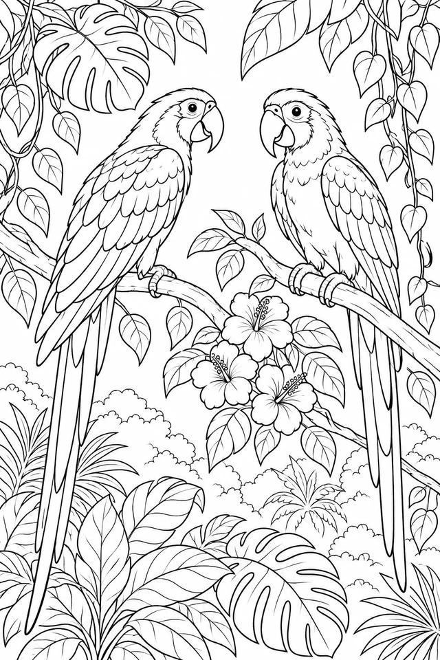Two parrots perched on separate branches facing each other, with long tails, tropical leaves, vines and open flowers.