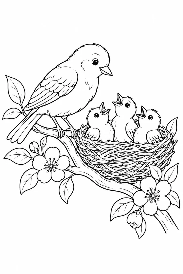 Adult songbird on a flowering branch beside a woven nest containing three chicks with open beaks.