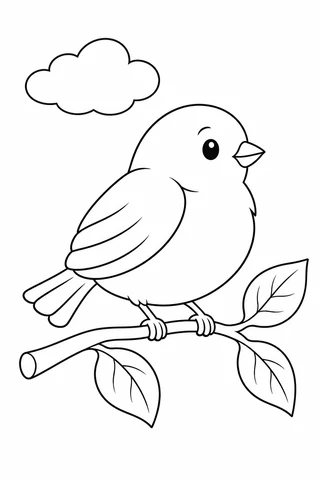 Round side-view songbird perched on a twig with three leaves and one cloud above.