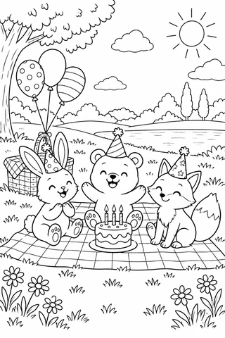 Rabbit, bear and fox wearing party hats around a three-candle birthday cake on a picnic blanket, with balloons, a basket and daisies.