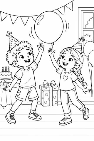 Two children reaching toward a floating balloon beside bunting and a table with a cake and present.