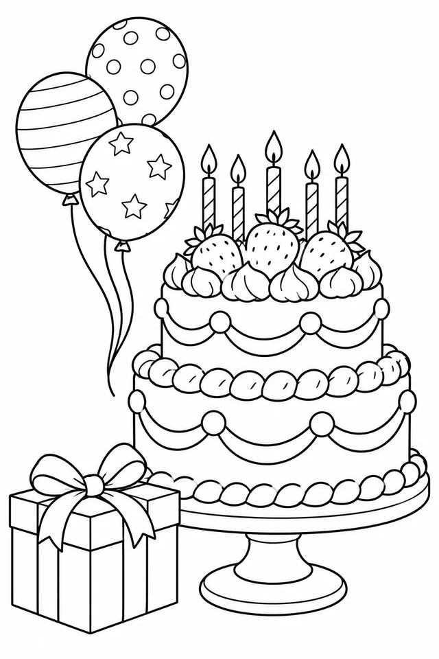 A two-tier birthday cake with five candles and three strawberries, beside three patterned balloons and a wrapped gift.