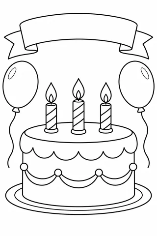 Single-tier birthday cake with three candles, two balloons and a large blank banner.