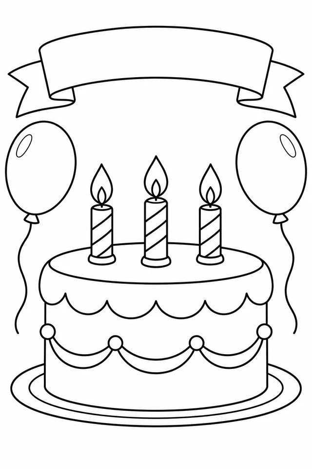 Single-tier birthday cake with three candles, two balloons and a large blank banner.