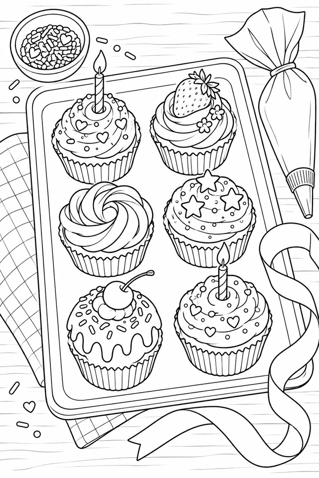 Six differently decorated cupcakes on a rectangular tray, with candles, strawberry, cherry, stars, a piping bag and curling ribbon.
